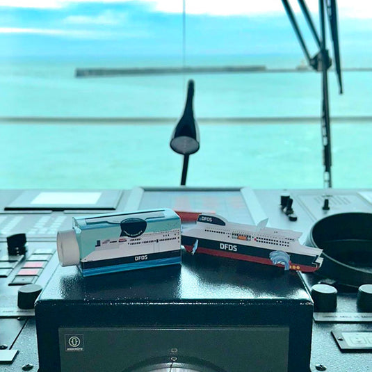 DFDS Seaways colouring roll, crayons and build your own ship presented at the bridge of the DFDS vessel