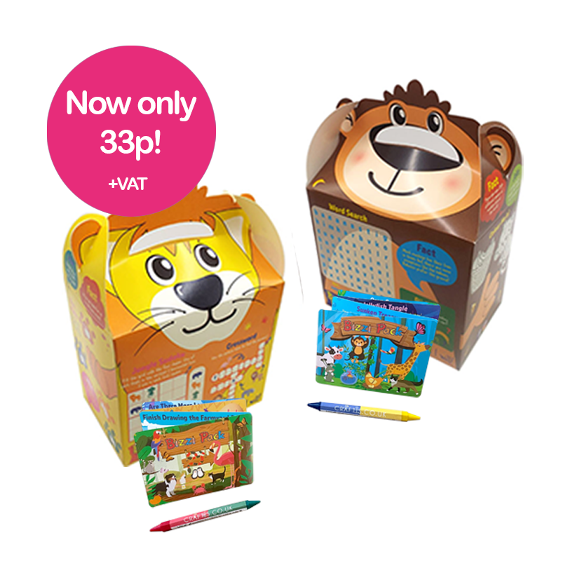 Load image into Gallery viewer, Safari Bizzi Kids Takeaway Boxes & Animal Activity Pack Monkey/Lion (Case of 200)