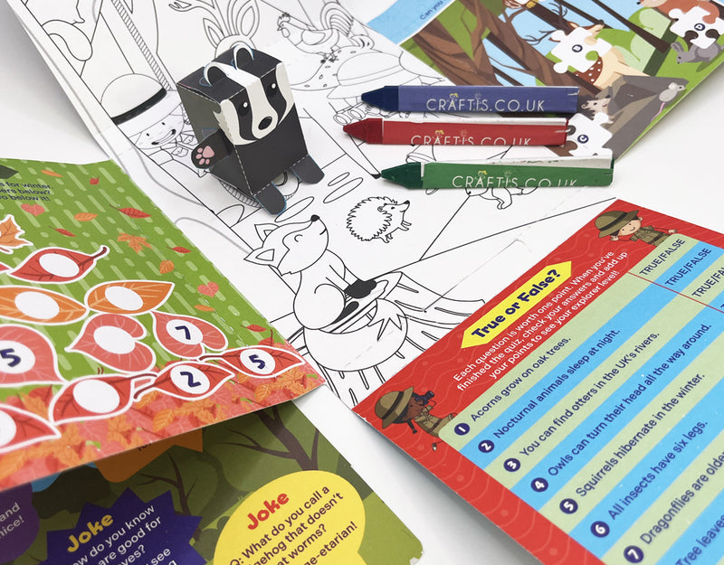 Load image into Gallery viewer, Fold out activity packs, Pop our puppets. Activity packs for kids. Three triangular crayons, Crayons for kids, Craftis crayons. Jungle activity pack. Woodland activity pack. Ocean activity pack. Desert activity pack.