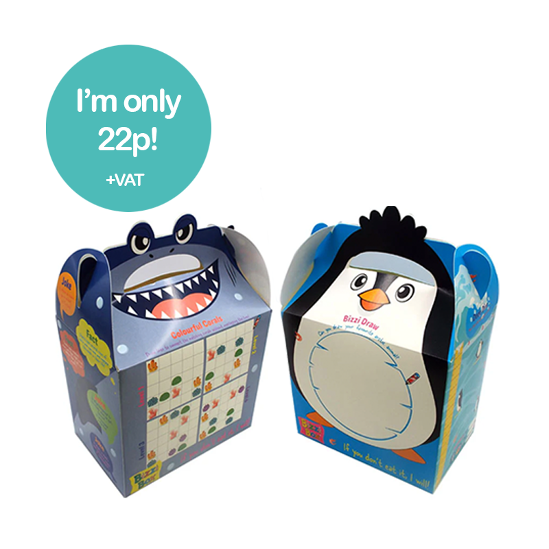 Load image into Gallery viewer, Ocean Bizzi Kids Takeaway Boxes Shark/Penguin (Case of 200)