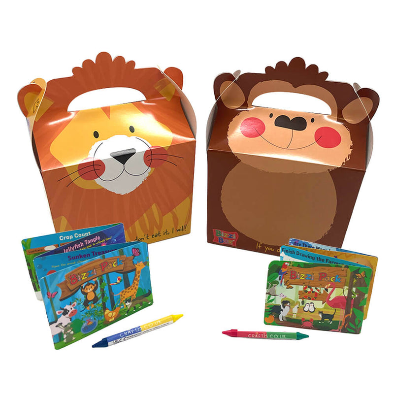 Load image into Gallery viewer, Safari Bizzi Kids Takeaway Boxes & Animal Activity Pack Monkey/Lion (Case of 200)