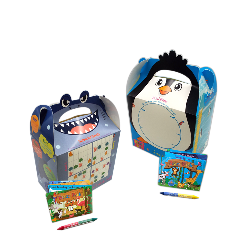 Load image into Gallery viewer, Ocean Bizzi Kids Takeaway Boxes & Animal Activity Pack Shark/Penguin (Case of 200)