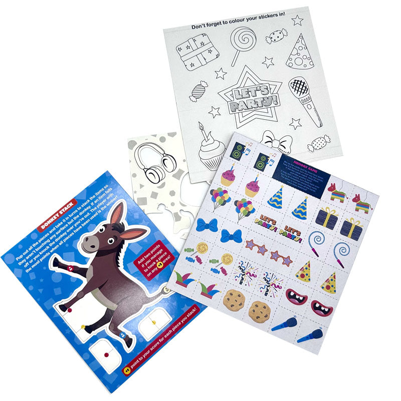 Load image into Gallery viewer, Birthday Party bag contents - children's colouring book, crayons, stickers, matching pairs game and donkey stack family game.