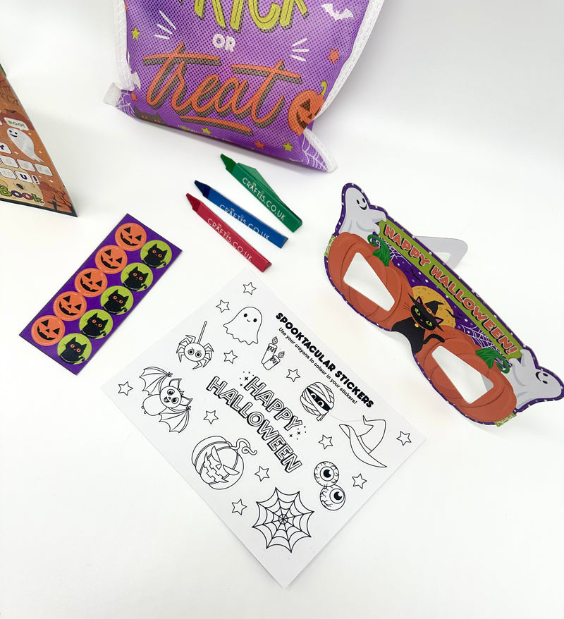 Load image into Gallery viewer, Trick or treat bag, Children's Halloween bag, activity bag, Halloween activity book, Halloween stickers, Craftis crayons, pumpkin glasses, Halloween glasses.