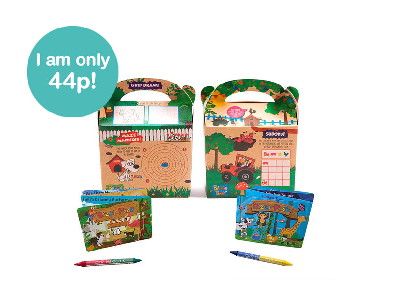 Load image into Gallery viewer, Craftis Childrens Activity Packs Brown Kraft Takeaway Packaging Meal Deals Kids Lunch Box Games Puzzles Activities Crayons Pet Farm Animals 1