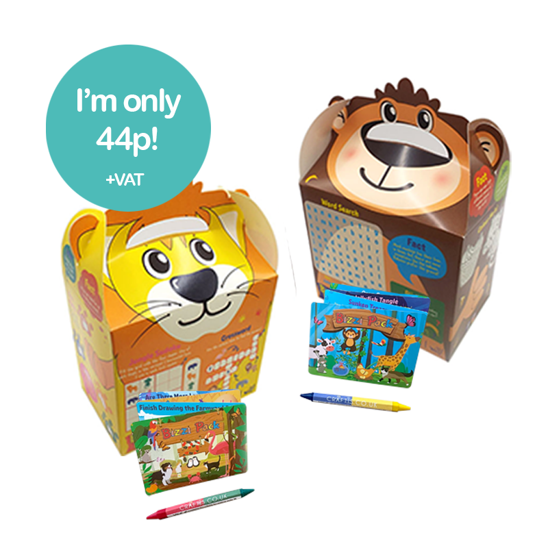 Load image into Gallery viewer, Safari Bizzi Kids Takeaway Boxes & Animal Activity Pack Monkey/Lion (Case of 200)