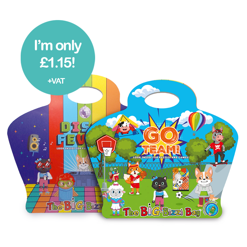 Load image into Gallery viewer, Big Bizzi party bags, Party bags, Party bags for kids Children's party bags
Disco Party bags, Go team party bags, Sports party bags. Activity booklet, Door hanger, Pop out characters and accessories, family game, jigsaw puzzle, glasses.
Craftis Crayons, Three crayons, three triangular crayons.
Pre filled party bags.