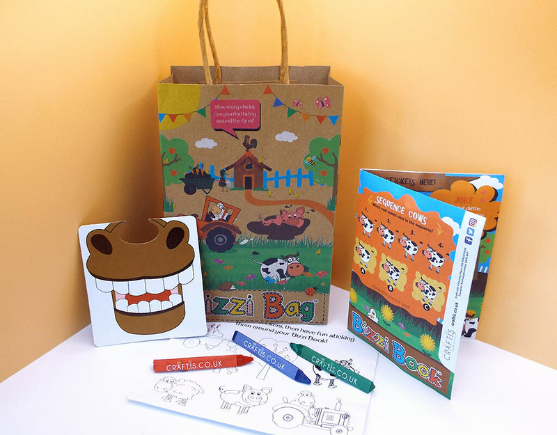 Load image into Gallery viewer, Craftis Childrens Activity Packs Brown Kraft Paper Filled Bizzi Bag Pet Farm Safari Zoo Animals Activity Sheet Colouring In Face Mat Activities Puzzles Games Crayons 2