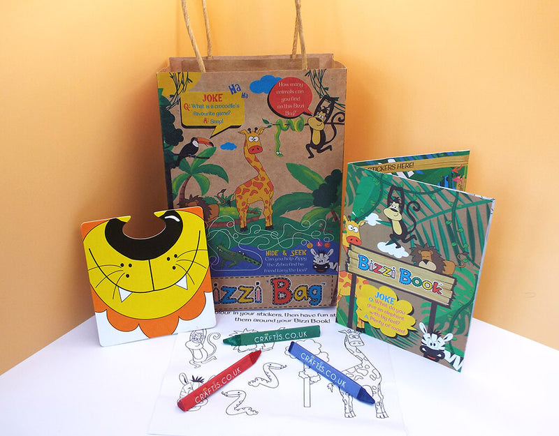 Load image into Gallery viewer, Craftis Childrens Activity Packs Brown Kraft Paper Filled Bizzi Bag Pet Farm Safari Zoo Animals Activity Sheet Colouring In Face Mat Activities Puzzles Games Crayons 12