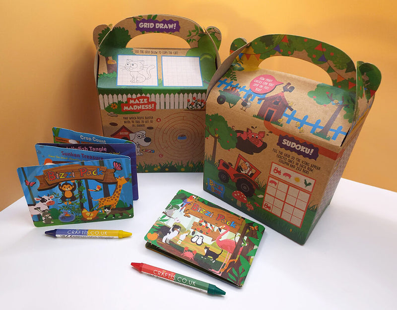 Load image into Gallery viewer, Craftis Childrens Activity Packs Brown Kraft Takeaway Packaging Meal Deals Kids Lunch Box Games Puzzles Activities Crayons Pet Farm Animals 1