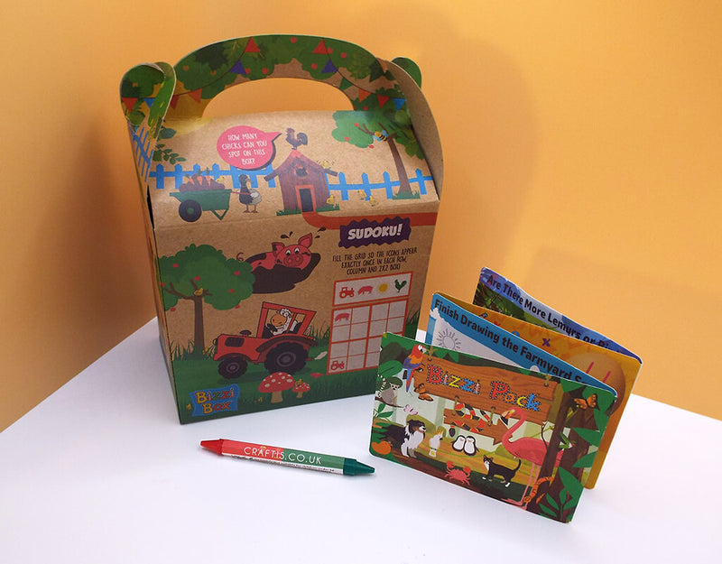 Load image into Gallery viewer, Craftis Childrens Activity Packs Brown Kraft Takeaway Packaging Meal Deals Kids Lunch Box Games Puzzles Activities Crayons Pet Farm Animals 2