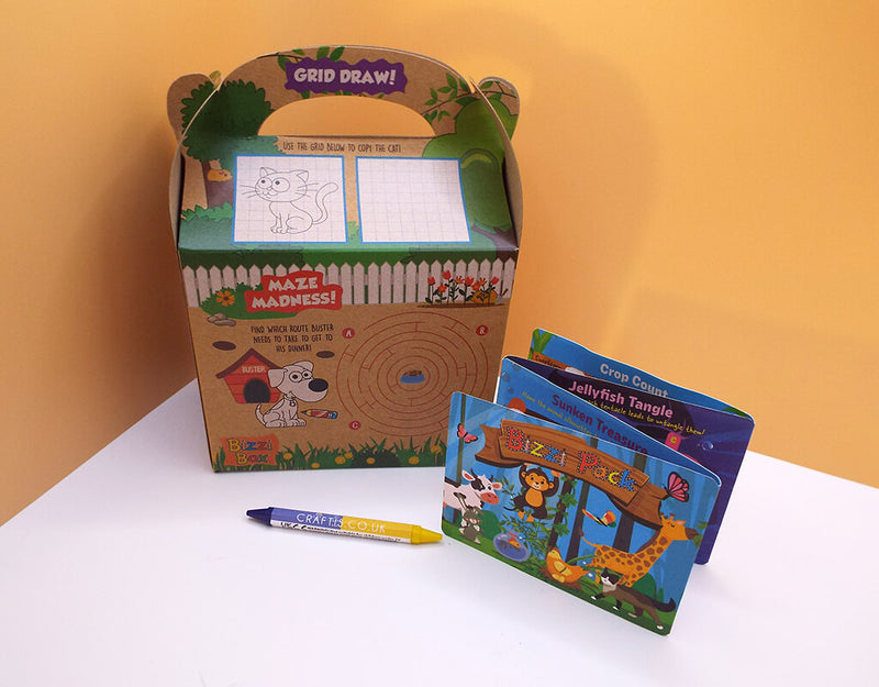 Load image into Gallery viewer, Craftis Childrens Activity Packs Brown Kraft Takeaway Packaging Meal Deals Kids Lunch Box Games Puzzles Activities Crayons Pet Farm Animals 3