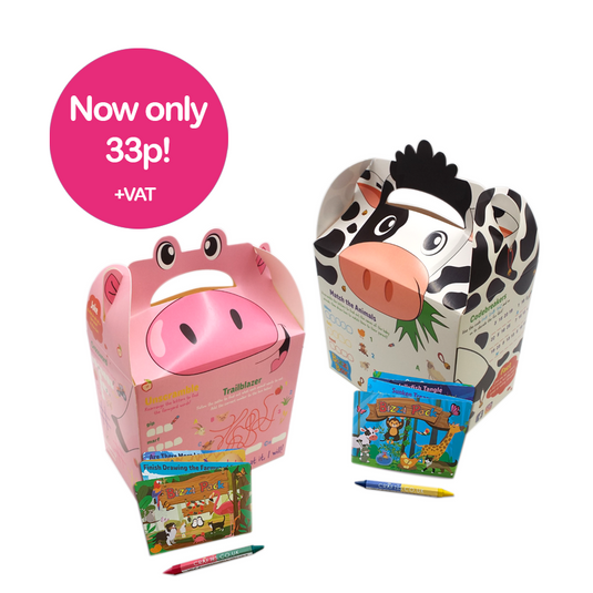 Farmyard Bizzi Kids Takeaway Boxes & Animal Activity Pack Pig/Cow (Case of 200)