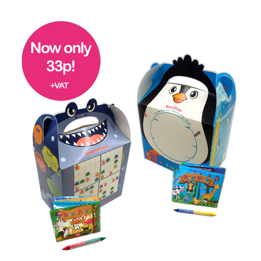 Ocean Bizzi Kids Takeaway Boxes & Animal Activity Pack Shark/Penguin (Case of 200)