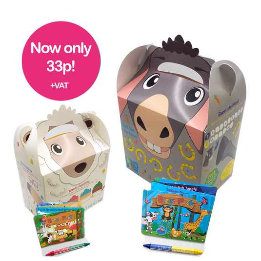 Farmyard Bizzi Kids Takeaway Boxes & Animal Activity Pack Donkey/Sheep (Case of 200)
