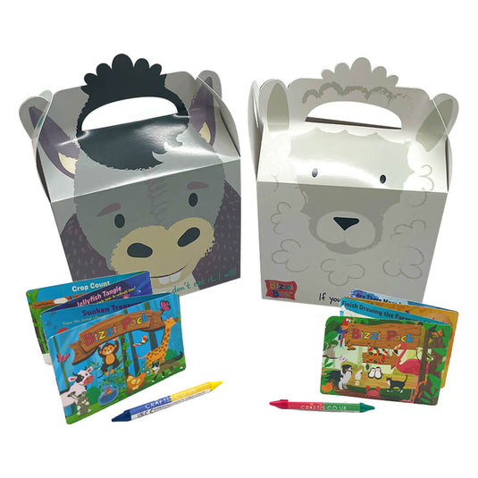 Farmyard Bizzi Kids Takeaway Boxes & Animal Activity Pack Donkey/Sheep (Case of 200)