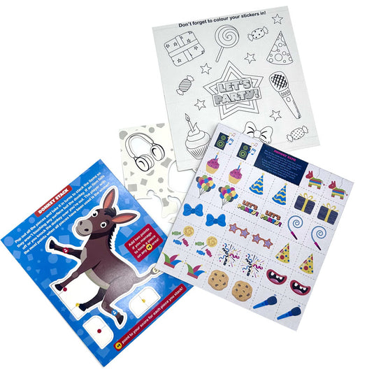 Birthday Party bag contents - children's colouring book, crayons, stickers, matching pairs game and donkey stack family game.