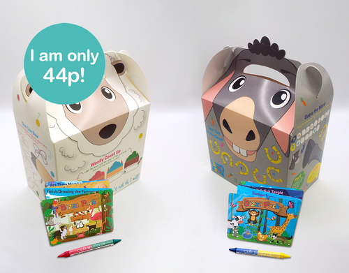 NEW Farmyard Bizzi Kids Takeaway Boxes & Animal Activity Pack Donkey/Sheep