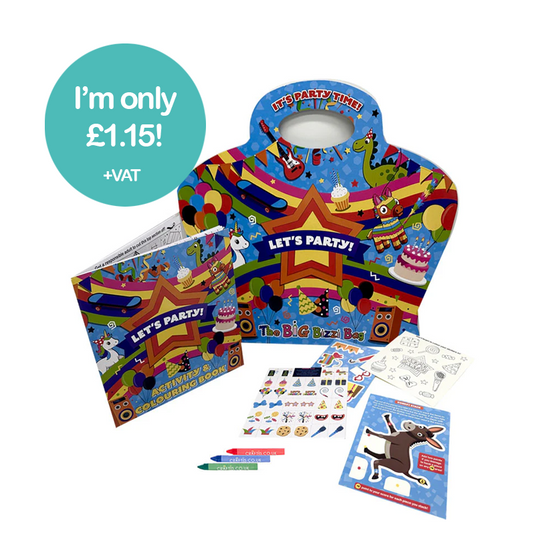 Children's Birthday Party Bag with colouring book, crayons, stickers, matching pairs game and donkey stack family game.