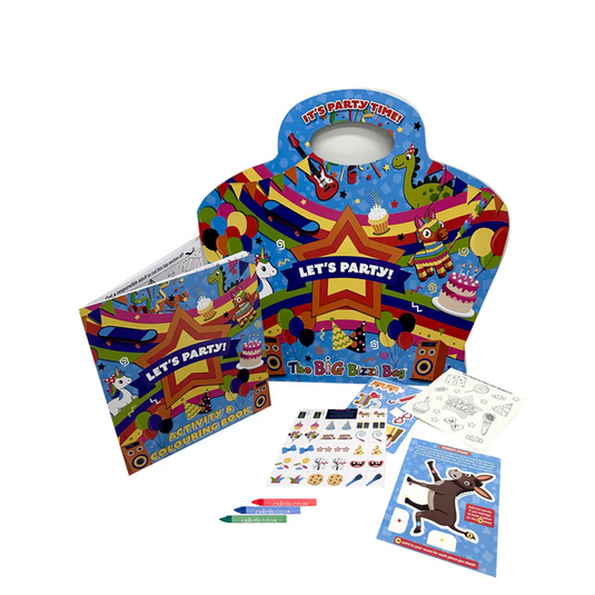 Children's Birthday Party Bag with colouring book, crayons, stickers, matching pairs game and donkey stack family game.