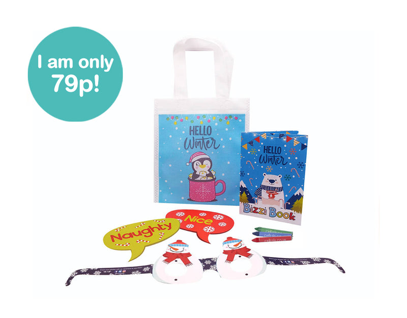 Load image into Gallery viewer, Pre-filled Christmas themed children&#39;s activity bag. Contents includes activity booklet, naughty and nice selfie props, snowman glasses and three triangular crayons
